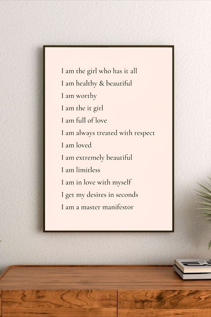 Vertical poster art with minimalist script affirmations printed in shades of soft pink, bright yellow, and black ink