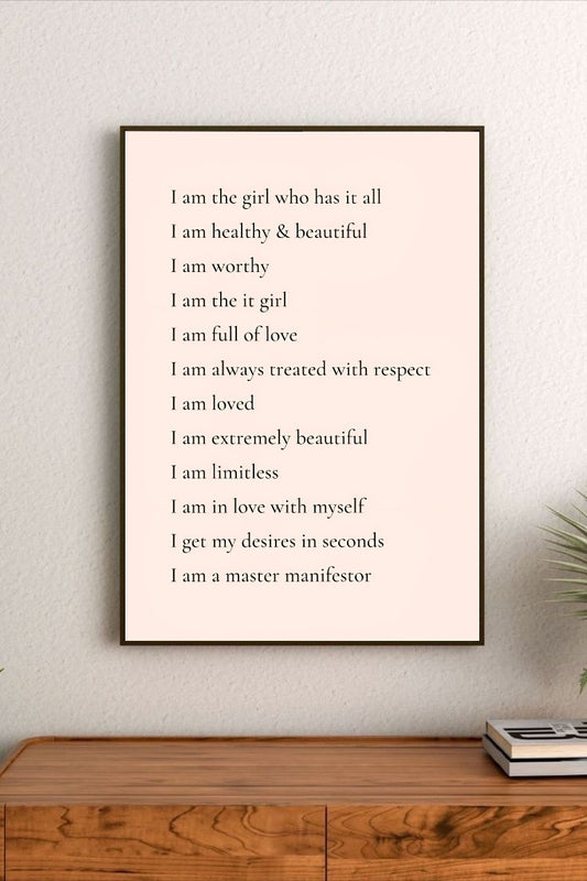 Vertical poster art with minimalist script affirmations printed in shades of soft pink, bright yellow, and black ink