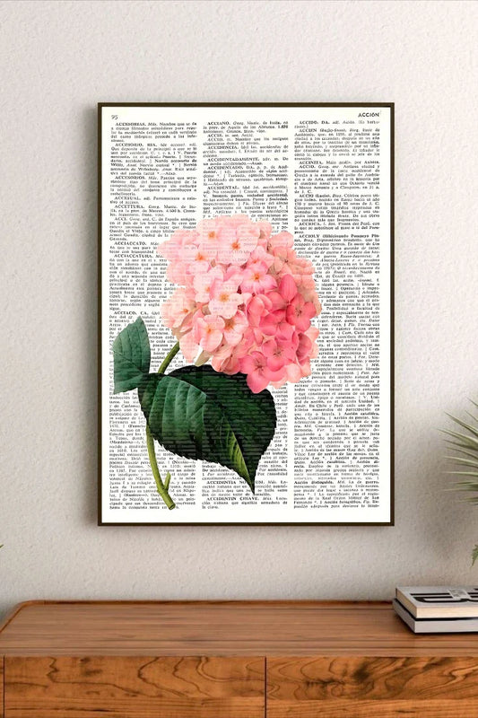 Botanical collage featuring delicate pressed petals and leaves in soft pastel pinks and sage greens, arranged in a vertical cluster design