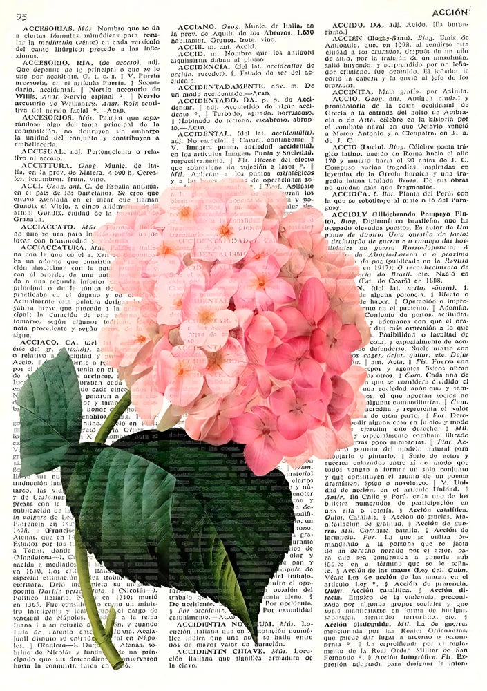 Detailed view of botanical artwork composed of layered, dried floral elements with muted green foliage and blush pink blossoms