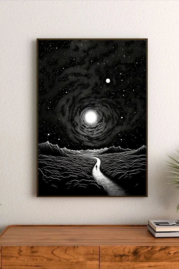 Abstract design featuring complex, dark, flowing forms and structured voids creating deep visual contrast across the surface art