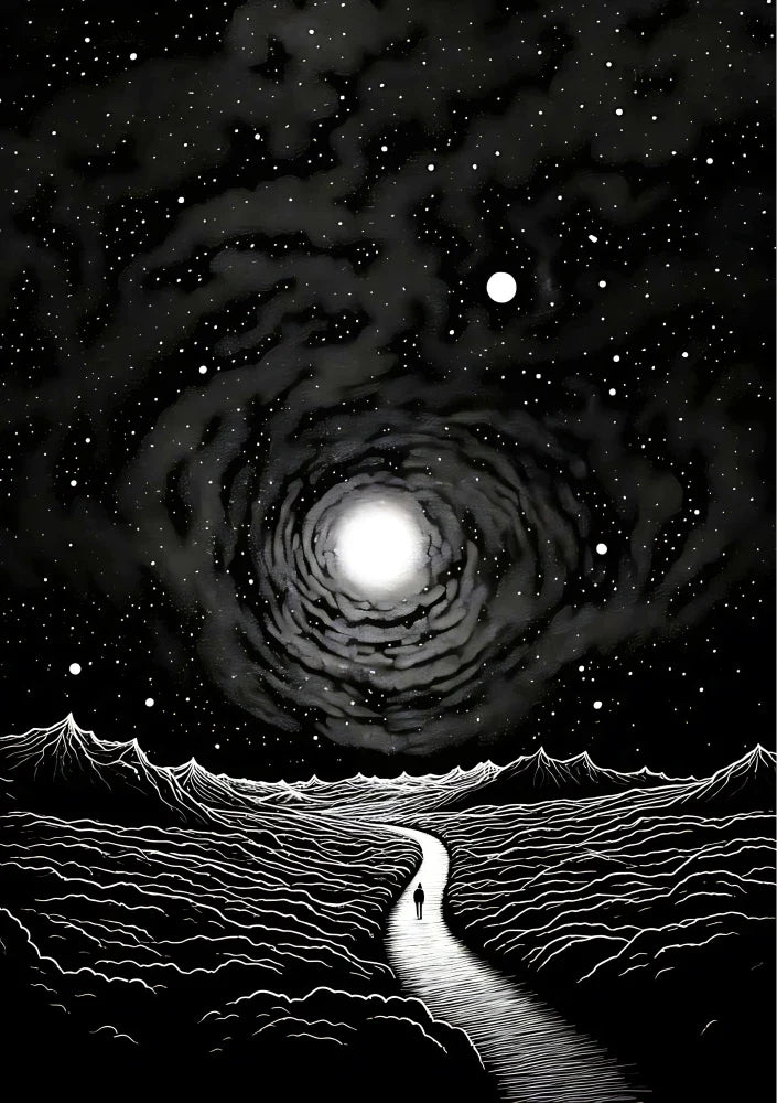 Monochrome modern art displaying layered structural black elements that interact dynamically against stark white background within a vertical format