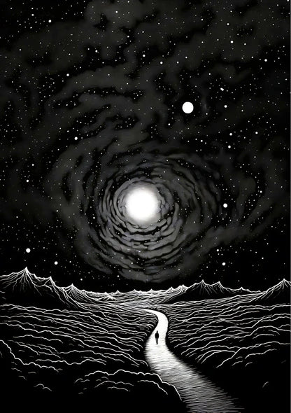 Monochrome modern art displaying layered structural black elements that interact dynamically against stark white background within a vertical format