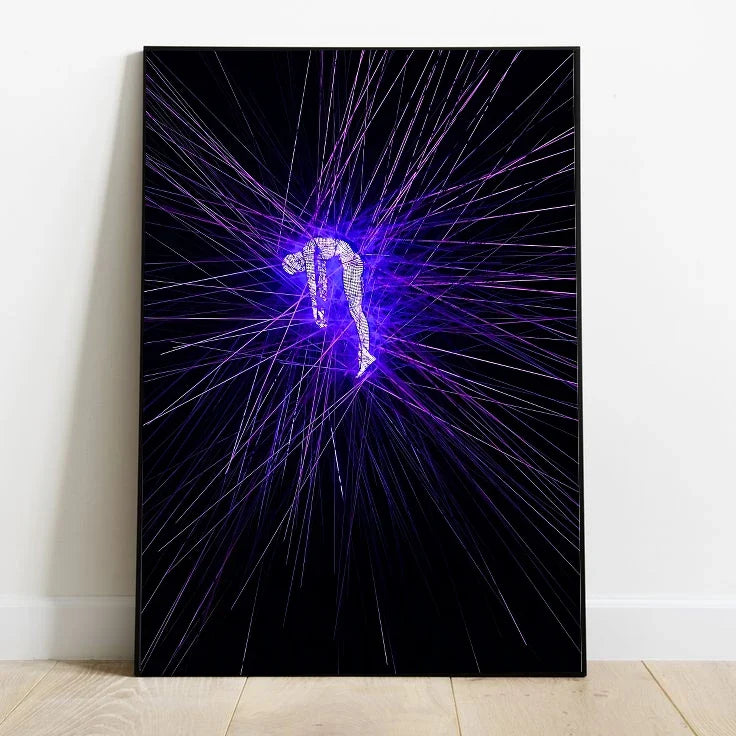 Abstract portrayal of higher dimensions showing complex web structures in deep indigo, cyan, and violet glow over black space