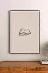Portrait poster with minimalist line drawing of an open book centered on a pale beige background