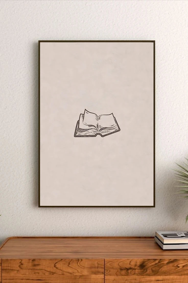 Portrait poster with minimalist line drawing of an open book centered on a pale beige background