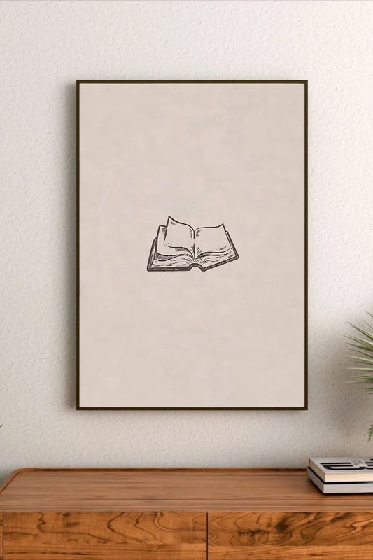 Portrait poster with minimalist line drawing of an open book centered on a pale beige background