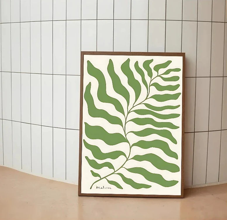 Modern styled art with clean composition; it pairs structured vintage typography with simple renderings of leafy greenery in pastel shades