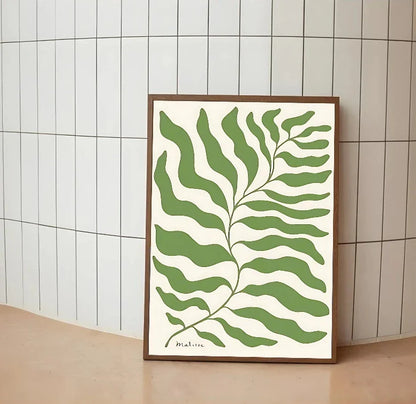 Modern styled art with clean composition; it pairs structured vintage typography with simple renderings of leafy greenery in pastel shades