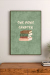 Portrait poster with muted green background, stacked books in earthy tones below white uppercase text reading "ONE MORE CHAPTER"