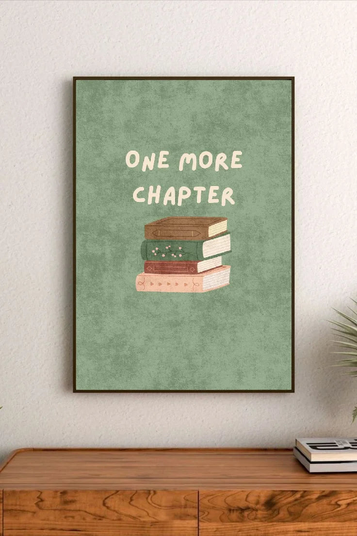 Portrait poster with muted green background, stacked books in earthy tones below white uppercase text reading "ONE MORE CHAPTER"