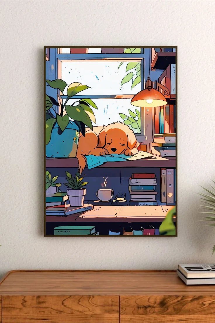 Portrait poster in cartoon style depicts a golden dog sleeping on a blue blanket atop stacked books and potted plants, with warm lighting overhead