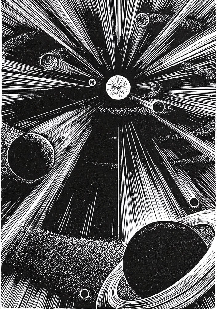 Symmetrical composition depicting interlocking geometric rings and subtle light elements in cool grays, blues, and blacks