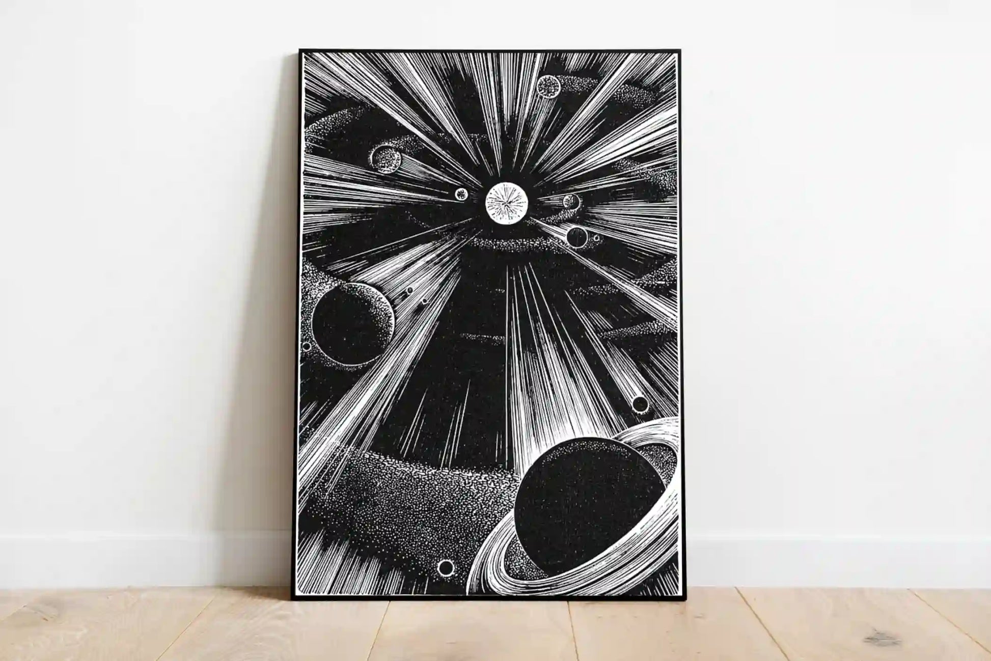 Abstract portrait poster featuring a deep cosmic vortex of glowing cyan and purple energy radiating outward from a central dark point