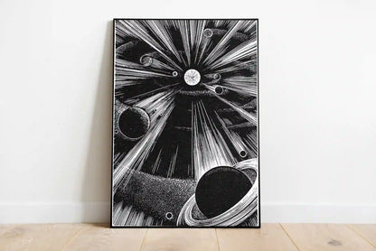 Abstract portrait poster featuring a deep cosmic vortex of glowing cyan and purple energy radiating outward from a central dark point
