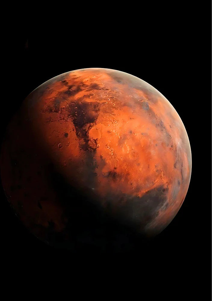 A portrait astronomical poster featuring deep reds and blacks, depicting a detailed celestial nebula observed through the lens of a telescope
