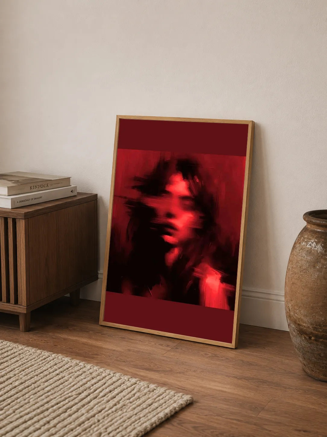 Portrait-oriented abstract artwork mixing vibrant blood reds with soft blacks; features subtle textures suggesting an atmospheric, moody noir style