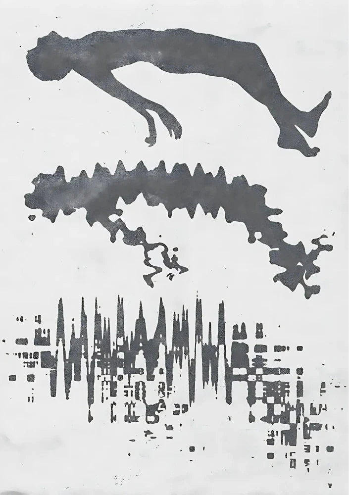 Typography-focused poster with asymmetrical layout; stacked white text blocks are balanced by subtle dark abstract shapes against matte black