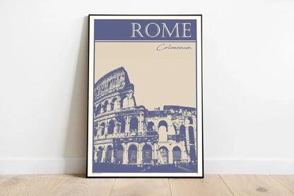 Compositional portrait poster showing distant Roman structures submerged in varying shades of blue, framed by soft sky tones against stone accents