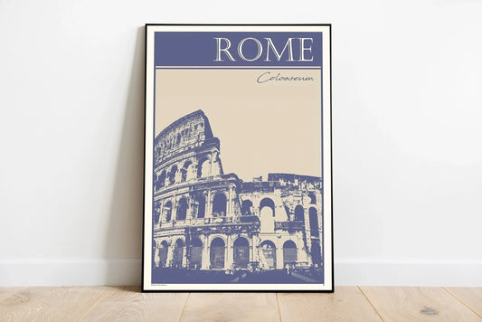 Compositional portrait poster showing distant Roman structures submerged in varying shades of blue, framed by soft sky tones against stone accents