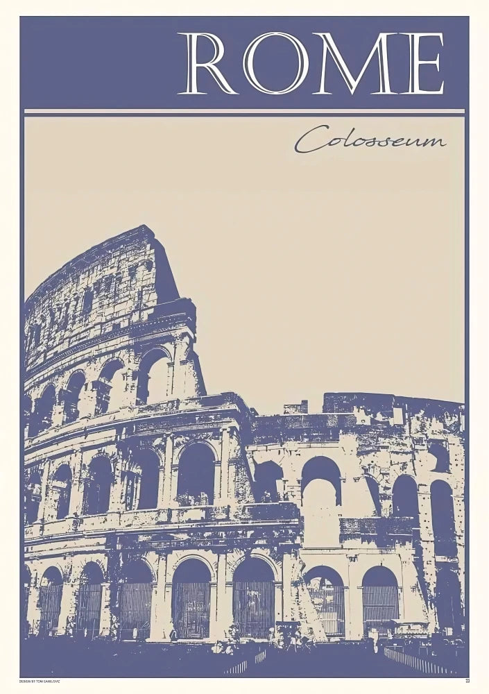 Portrait artwork depicting a stylized blue view of ancient Roman architecture, using cool tones and muted earth colors in a serene composition