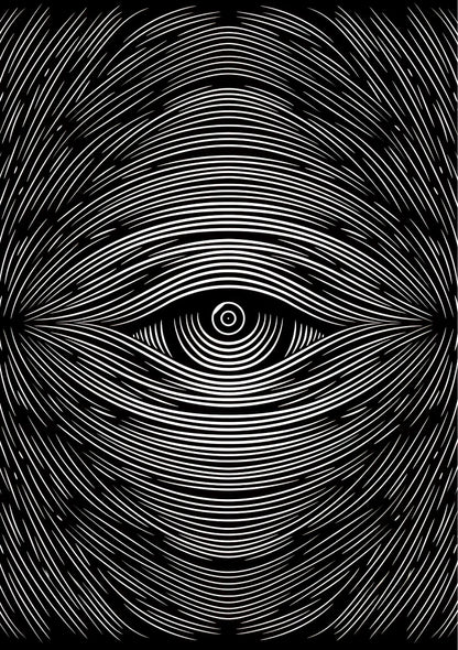 Vertical artwork displaying flowing lines and abstract organic patterns over a muted background, highlighted by sharp accents of neon green and yellow