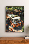 Portrait poster featuring a vintage orange and white van converted into a coffee cart, with potted plants on roof and wooden tables nearby