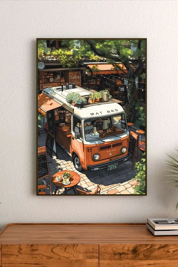 Portrait poster featuring a vintage orange and white van converted into a coffee cart, with potted plants on roof and wooden tables nearby