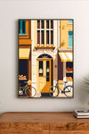 Portrait poster depicting a European street scene with pastel yellow buildings, bicycles, bakery displays, and window shelves holding bread rolls