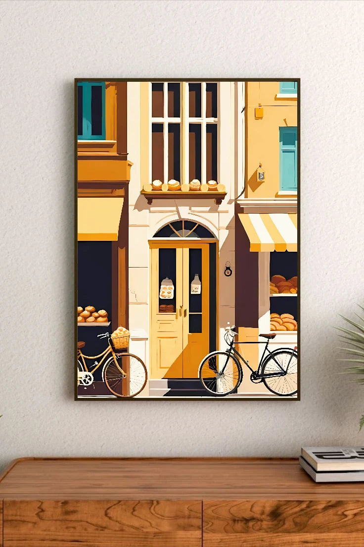 Portrait poster depicting a European street scene with pastel yellow buildings, bicycles, bakery displays, and window shelves holding bread rolls