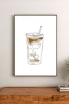 Portrait poster featuring minimalist line art of a coffee drink with ice and straw, rendered in beige and brown tones