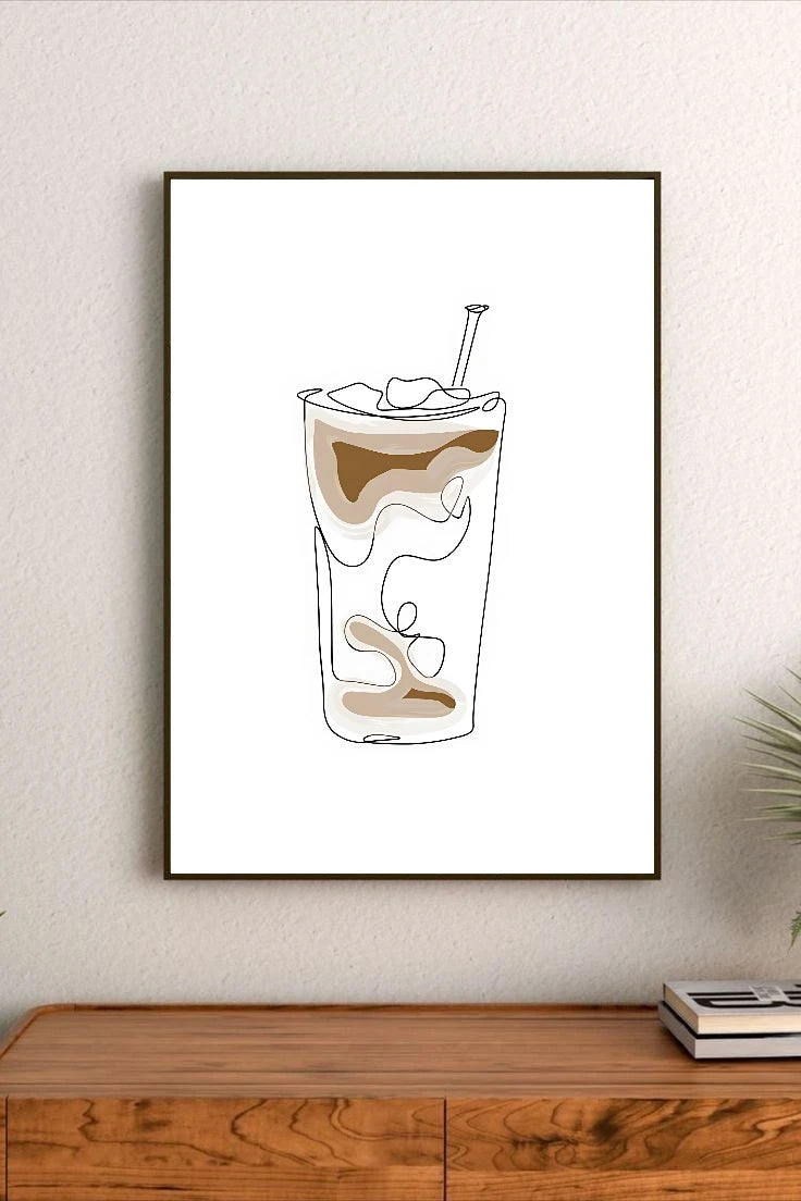 Portrait poster featuring minimalist line art of a coffee drink with ice and straw, rendered in beige and brown tones