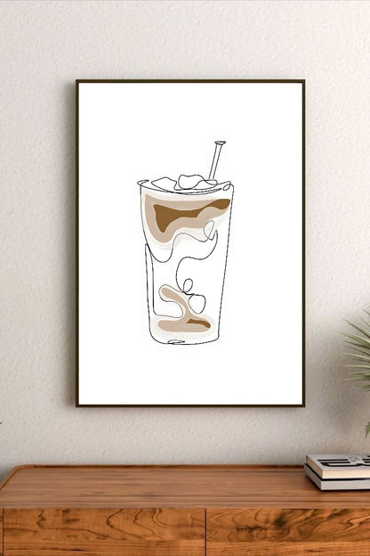 Portrait poster featuring minimalist line art of a coffee drink with ice and straw, rendered in beige and brown tones
