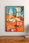 Portrait poster with illustrated coffee scene: espresso maker, teacup, mug, croissant on red plate, and glass jar, colorful palette, cartoon style