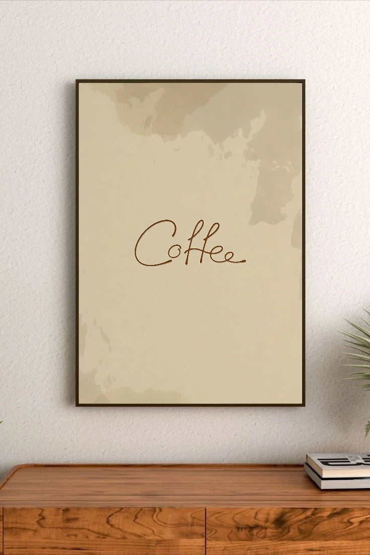 Portrait poster with beige watercolor background and cursive “Coffee” in brown script, centered composition