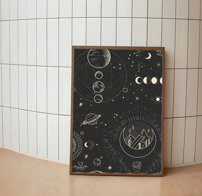 Geometric poster featuring delicate blue lines forming multiple overlapping orbital rings on a pale, celestial background