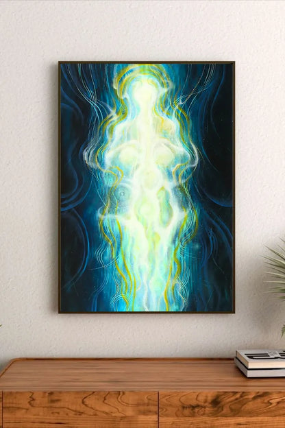 Intricate geometric network of glowing cyan and blue lines suggesting higher dimensions against a deep indigo space; abstract sci-fi composition