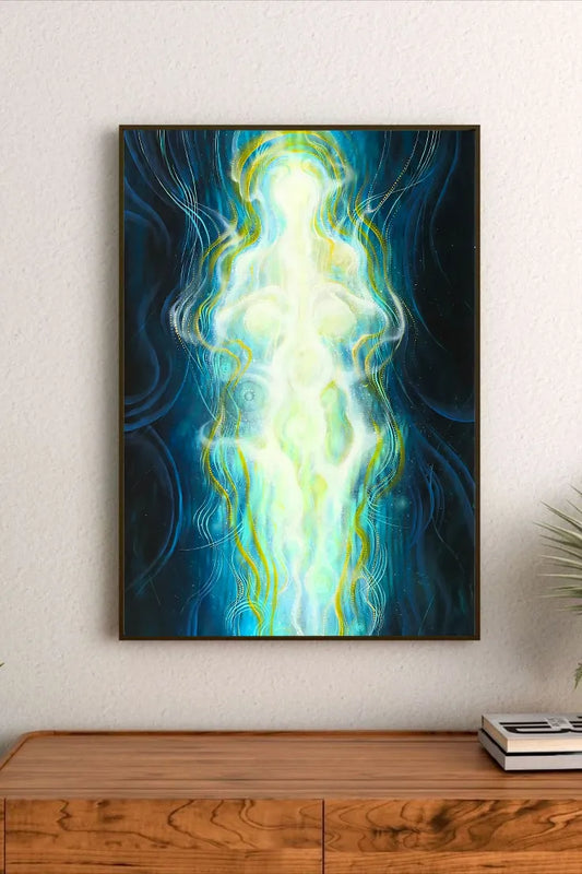 Intricate geometric network of glowing cyan and blue lines suggesting higher dimensions against a deep indigo space; abstract sci-fi composition