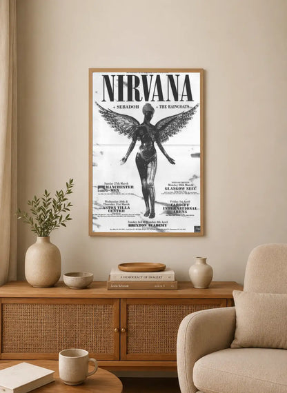 Abstract, noir poster in portrait orientation featuring static effects and fragmented imagery using a monochrome palette of black, white, and gray