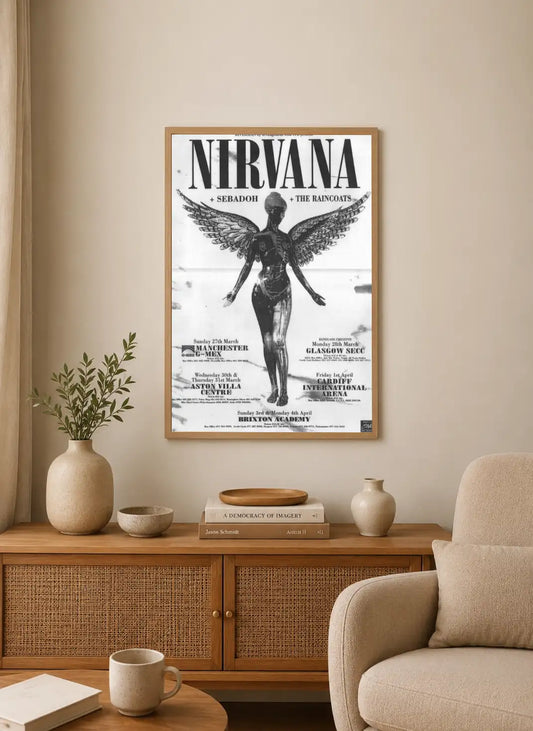 Abstract, noir poster in portrait orientation featuring static effects and fragmented imagery using a monochrome palette of black, white, and gray