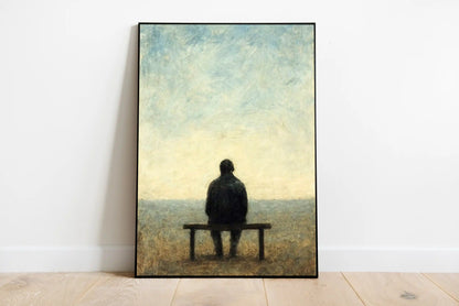 Dark abstract landscape poster featuring deep indigo and slate blues blending into warm twilight hues along the horizon line