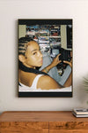 Vertical 90s aesthetic collage featuring bold, primary colors and stylized digital graphics detailing retro technology motifs and pop culture icons