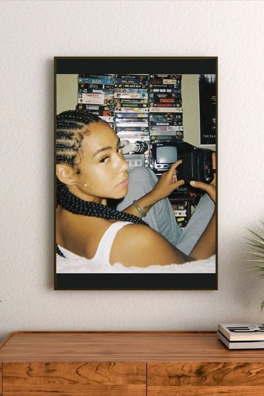 Vertical 90s aesthetic collage featuring bold, primary colors and stylized digital graphics detailing retro technology motifs and pop culture icons