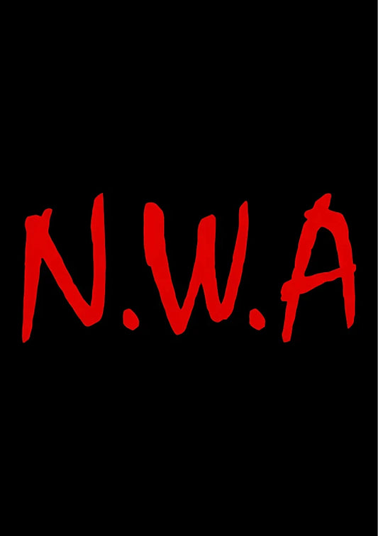 Highly graphic composition featuring bold typography in shades of red and black, centered vertically with minimalist stylistic design elements