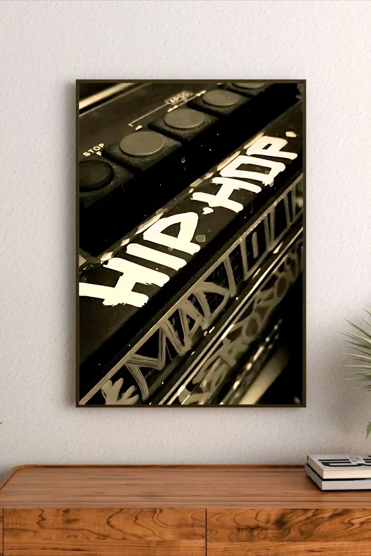 Landscape poster displaying a complex street art collage with abstract shapes and spray paint graffiti utilizing vivid greens and reds on dark tones