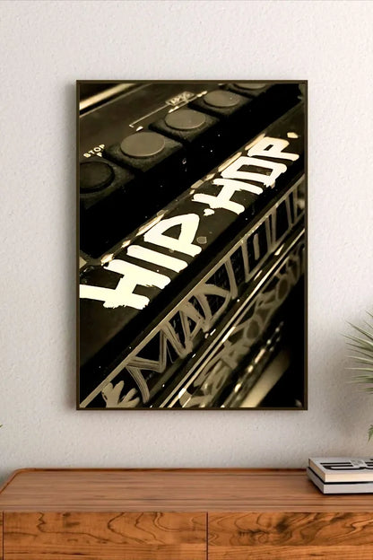 Landscape poster displaying a complex street art collage with abstract shapes and spray paint graffiti utilizing vivid greens and reds on dark tones