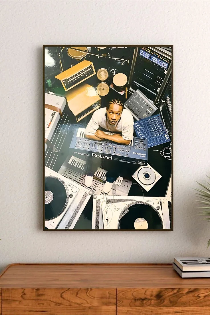Abstract graphic poster utilizing geometric shapes and bold color blocking, reminiscent of 90s electronic music flyer art