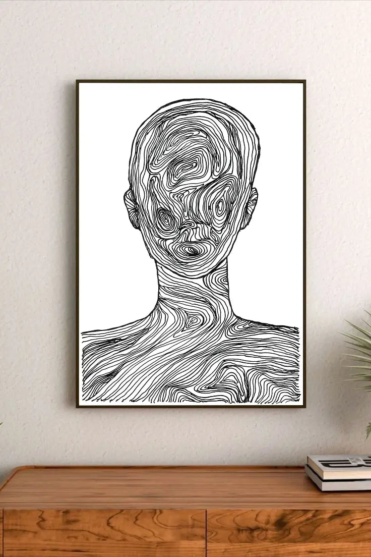 Portrait abstract print featuring layered geometry and intersecting lines in a monochrome palette of black, slate gray, and deep charcoal tones