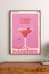 Portrait artwork featuring a lush, pink watercolor illustration of strawberries and vines, paired with descriptive text in soft greens and reds