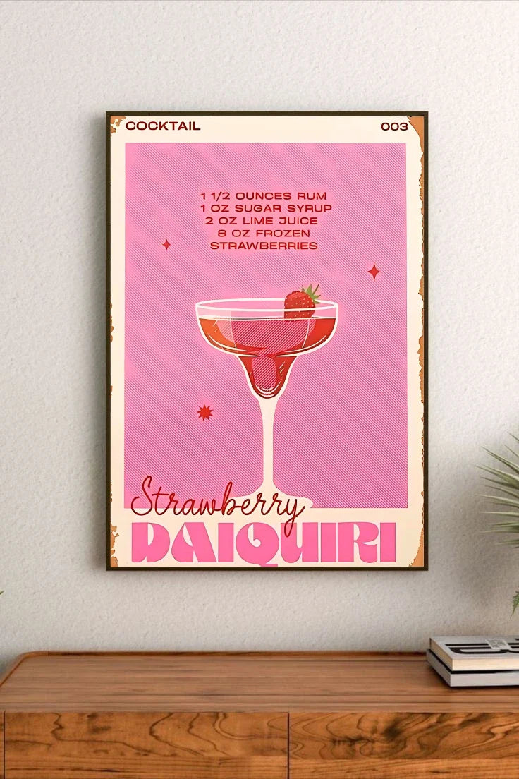 Portrait artwork featuring a lush, pink watercolor illustration of strawberries and vines, paired with descriptive text in soft greens and reds